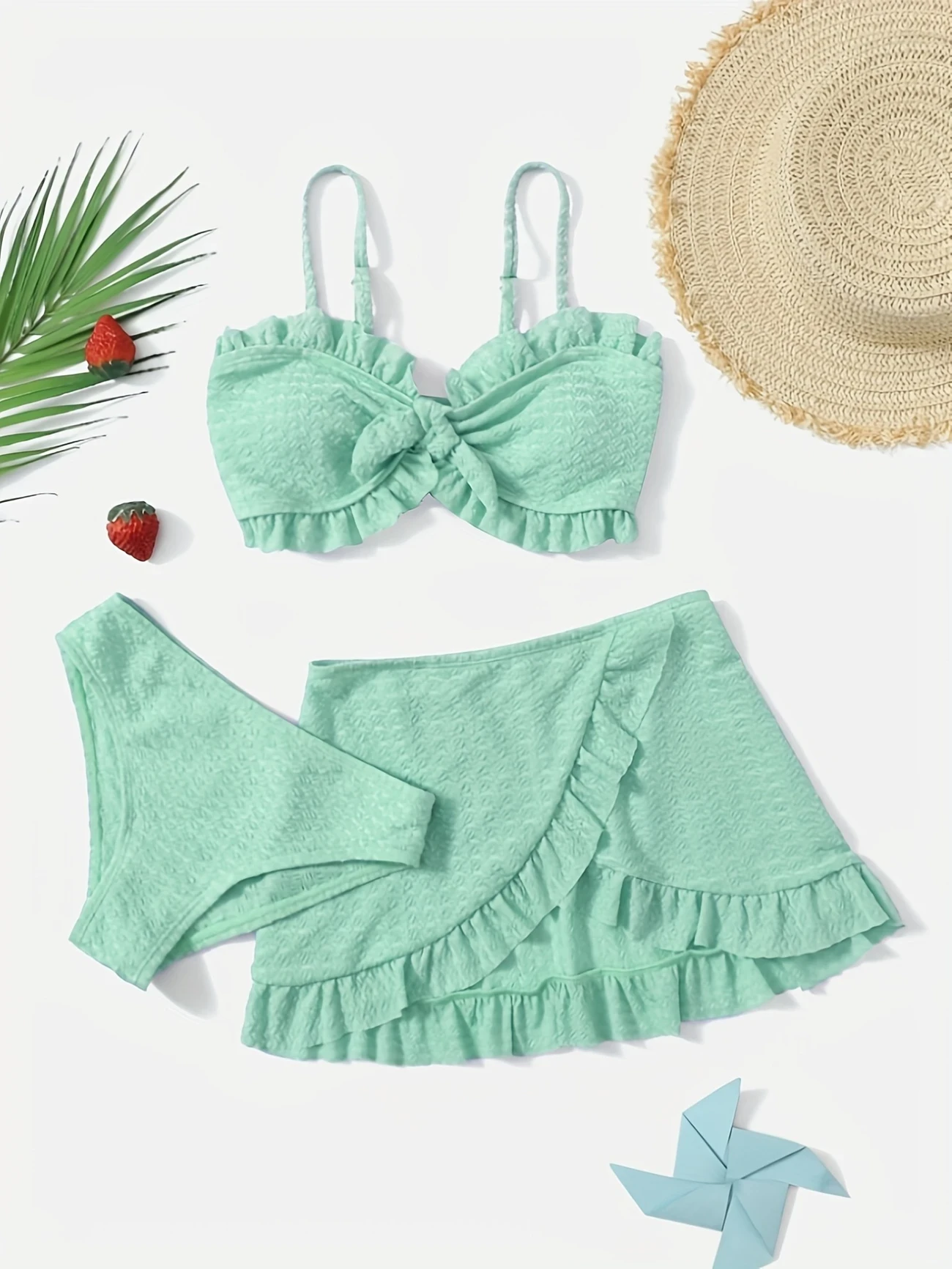 Youngsters's Casual Fashion Swimsuit Solid Color Bikini Skirt Special Fabric Set 3pcs