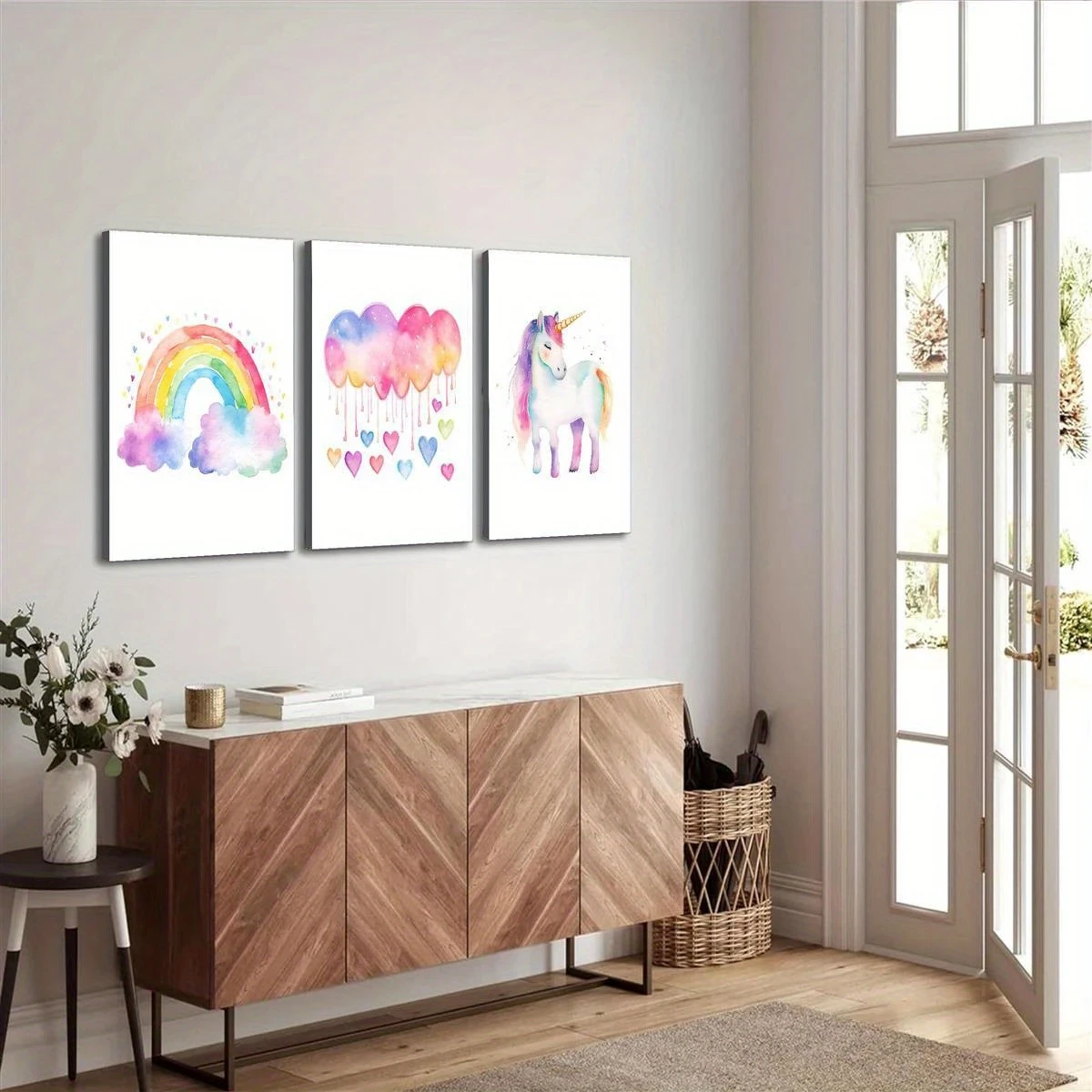 3pcs Wooden Framed Canvas Poster Unicorn, Pastel Rainbow, Dreamy Abstract Art