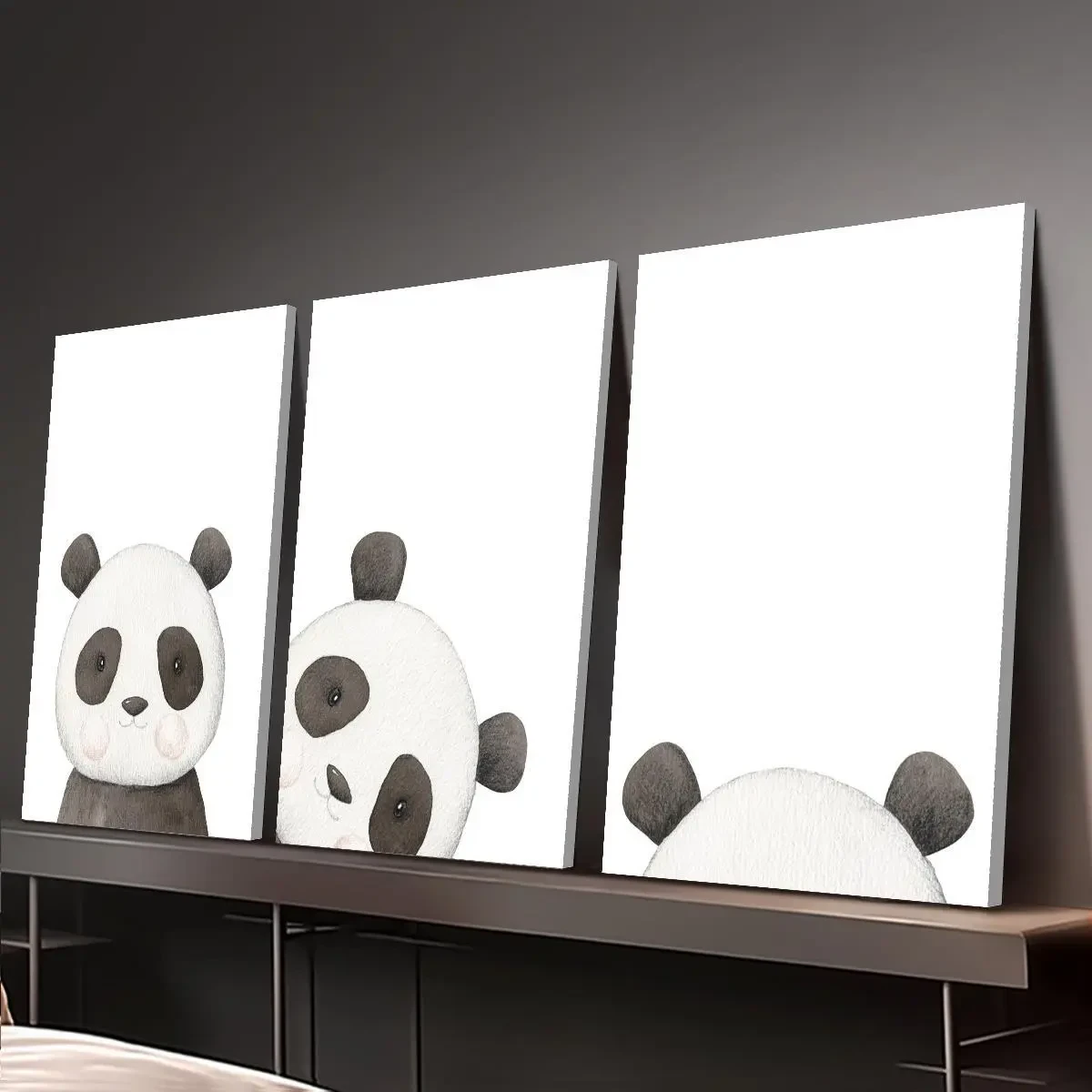 3pcs Wood Frame Canvas Print Decorative Painting Watercolor Cartoon Panda Painting