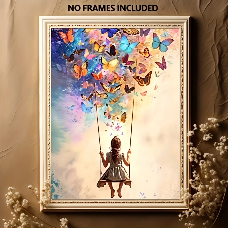 Dreamy Girl on a Swing Surrounded by Colorful Butterflies  Frameless Canvas Wall Art