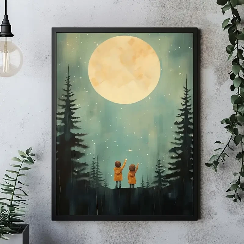 Starry Night Adventure 30.48X40.64cm Frameless Canvas Art  Siblings & Forest Stars Print