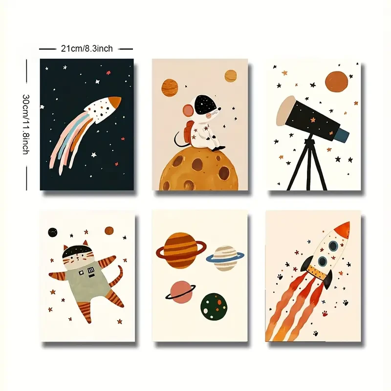 Set of 6 Unframed Outer Space Adventure Nursery Canvas Poster Print  Inspiring Space-Themed Wall Art for Youngsters Rooms
