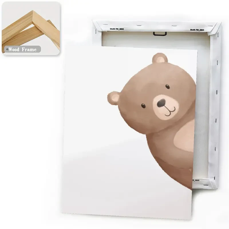 3pcs Wooden Framed Peeping Bear Nursery Print  Neutral Nursery Bear Wall Art for Creative Home Decor
