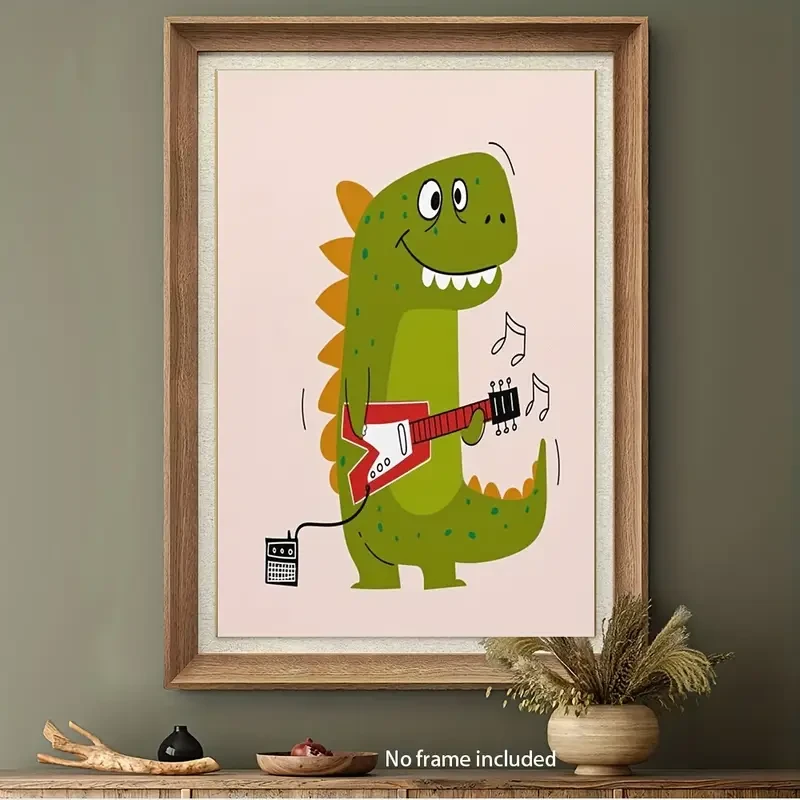 Funny Dinosaur Playing Guitar Canvas Art Print Whimsical 12x18 Inch Wall Decor for Kids' Rooms