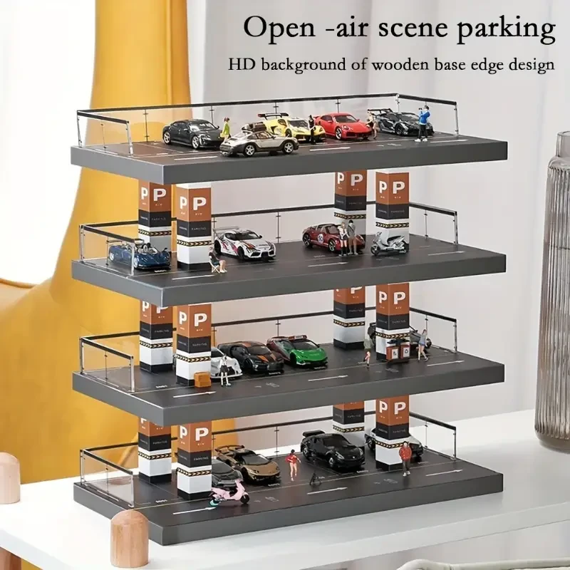 4-Tier 1/64 Scale Acrylic Parking Garage Display with Solid Wood  Transparent Collection & Storage Cabinet for Die-Cast Cars, Educational Stacking Toy, Easy Organization, Ideal for Collectors Ages 14+