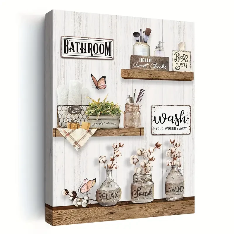 1pc Wooden Framed Farmhouse Bathroom Decor Wall Art  Rustic Flower and Butterfly Canvas Print for Country Bathroom, "Soak, Relax, Unwind" Bathroom Wall Art, Framed and Ready to Hang  11.8"x15.7"