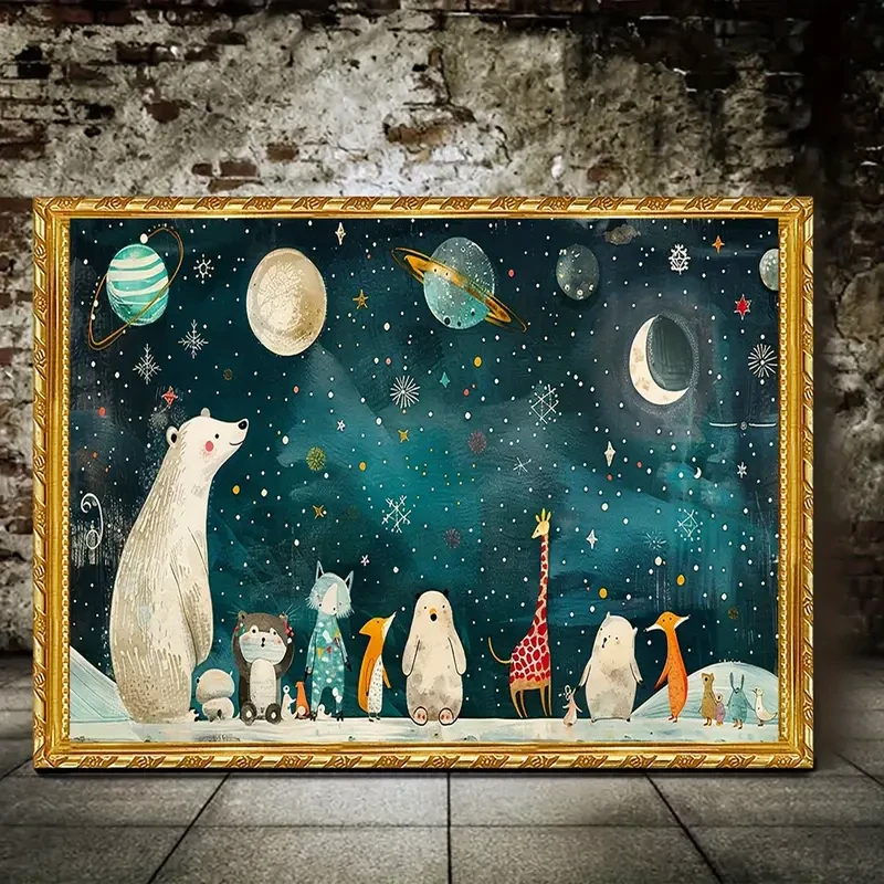 2D Animal Gathering Canvas Wall Art  Whimsical Forest Scene with Polar Bear, Deer, and Squirrels, Frameless 16x12, Ideal for Home, Bedroom, Kitchen, Bathroom, Hotel, Cafe, Office, and More