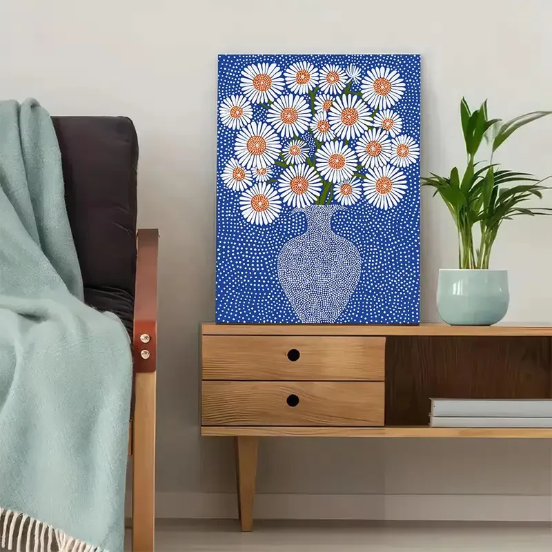 1pc Framed Daisies Blue Vase Floral Wall Art Canvas Print  White Polka Dot Background, Modern Gallery Artwork for Home, Bedroom, Bathroom, Living Room Decor  Wooden Frame, Perfect for Room Decor
