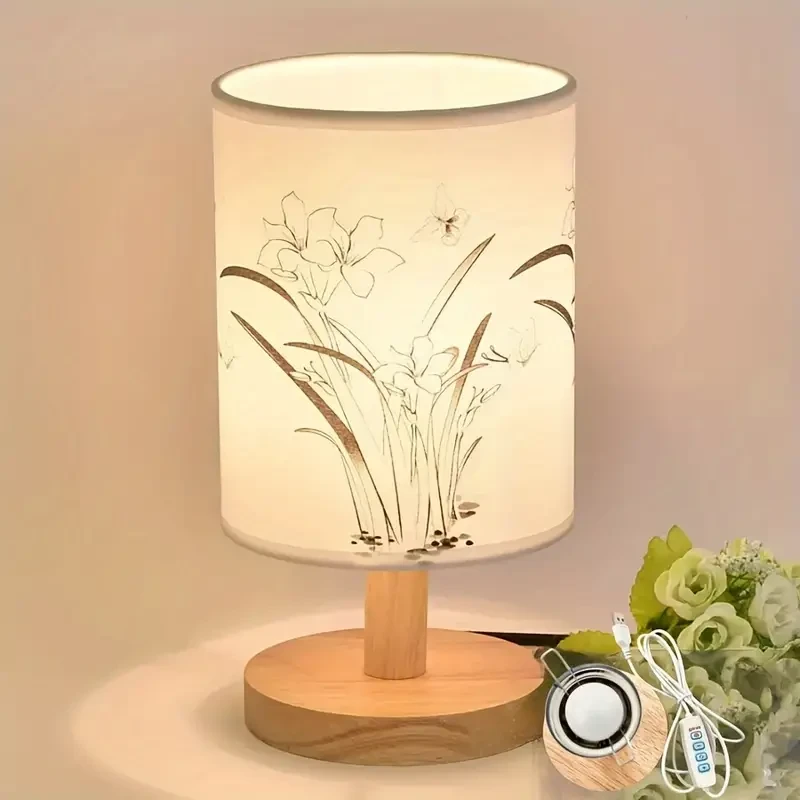 "Contemporary Light" Modern LED Table Lamp with Sisal Orchid Design - Adjustable Brightness & Solid Wood Base in 3 Colors, USB Powered