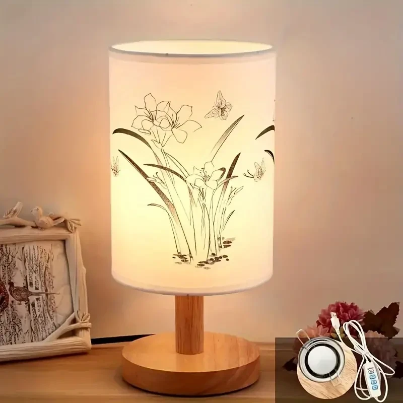 "Contemporary Light" Modern LED Table Lamp with Sisal Orchid Design - Adjustable Brightness & Solid Wood Base in 3 Colors, USB Powered