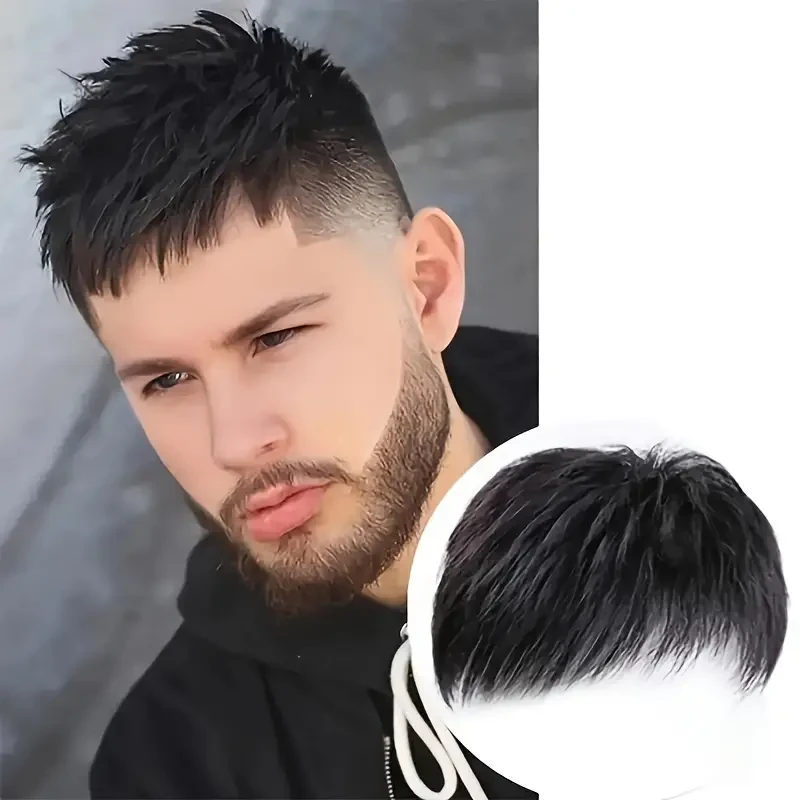 Elegant Men's Black Toupee - Easy Clip-In with Stylish Design & Breathable Rose Net Cap for Balding & Thinning Hair