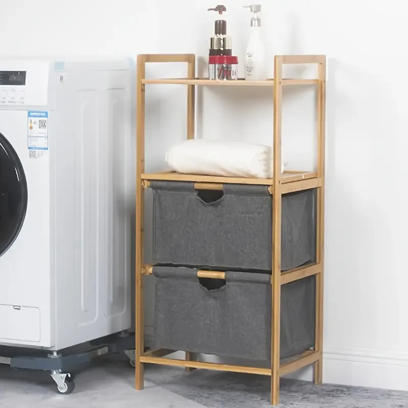 Natural Bamboo 2 Tier Storage Rack with 2 Fabric Drawers Multifunctional Organizer Shelf for Clothes, Towels, Toys, Books & More