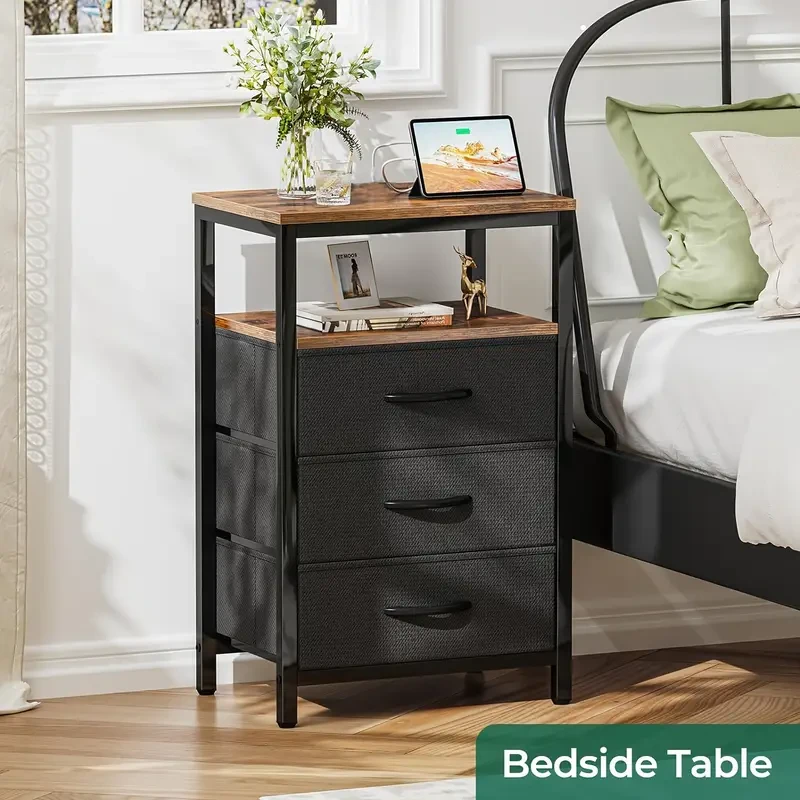 Industrial Style Metal Frame Bedside Table with 3 Fabric Storage Drawers Multi-Purpose Nightstand Organizer for Living Room, Office, Bedroom, and More
