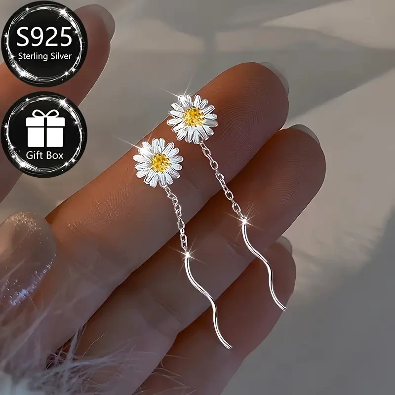1 Pair of S925 Sterling Silver Fashion Womens Dangling Earrings  Elegant Daisy Line Tassel Design for Everyday and Special Occasions