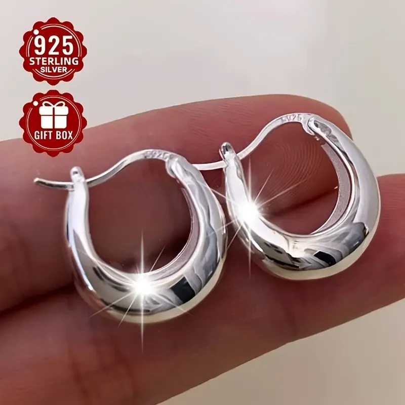 2pcs Womens Fashion Ring and Earring Set  925 Sterling Silver Crescent U-Shaped Hoop Earrings, Simple Style for Daily Wear, Travel, and Parties
