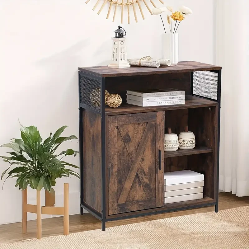 Industrial Sideboard Buffet Cabinet with Open Compartment and 5 Shelves Rustic Brown Finish with Stable Metal Frame, Half-Door Design, Perfect for Living Room and Home Storage