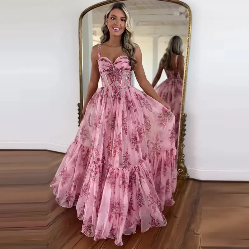 Cinched Waist Slim-fit Fashion Printed Large Swing Dress