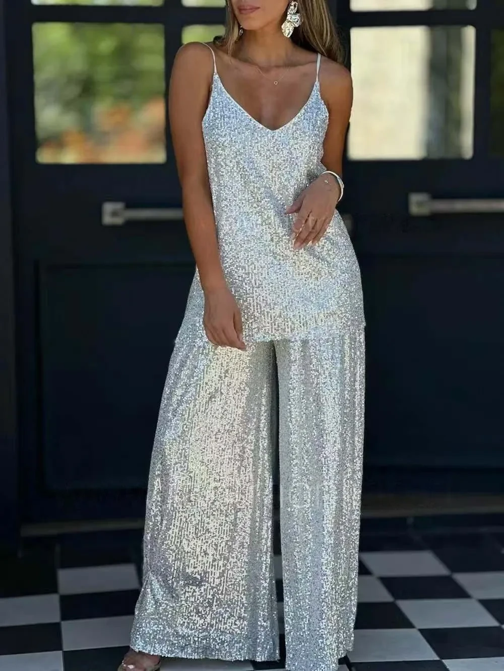 V-neck Sleeveless Loose Comfortable Sequined Suspender Pants Two-piece Suit