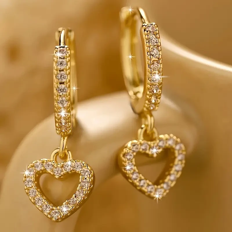 18K Golden Plated Copper Hoop Earrings with Heart Drop Pendant  Synthetic 3A Zirconia, Simple Sexy Style, Ideal for Daily Wear & Gift-Giving
