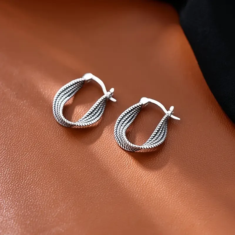 1 Pair Vintage Tribal Twisted Hoop Earrings  925 Sterling Silver Ear Needle, Copper Main Material, All-Season Daily & Party Accessory, Suitable for Campus Events