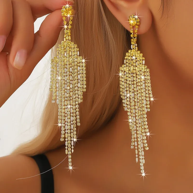Full Rhinestone Tassel Earrings