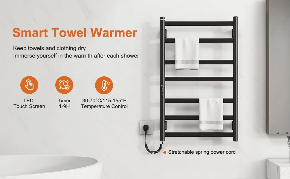 SIOYIE Towel Warmer Bathroom Wall Mounted 6 Bars Electric Towel Drying, 150 W 500 800 MM Heated Towel Rack With Intelligent Touch Screen Timer And Temperature Control Black Right