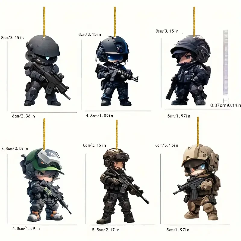 6pcs Cartoon Special Forces Acrylic Keychain Set - 2D Military Charms for Cars, Phones, & Bags