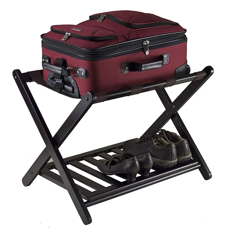 Foldable Luggage Rack Wooden Floor Standing with Shoes Shelf