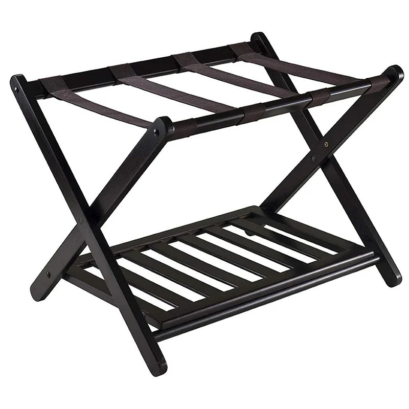 Foldable Luggage Rack Wooden Floor Standing with Shoes Shelf