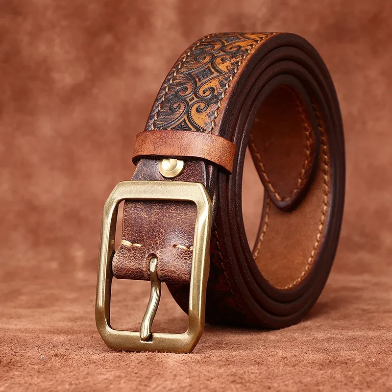 Thick First Layer Cowhide Double-sided Available Carved Genuine Leather Belt