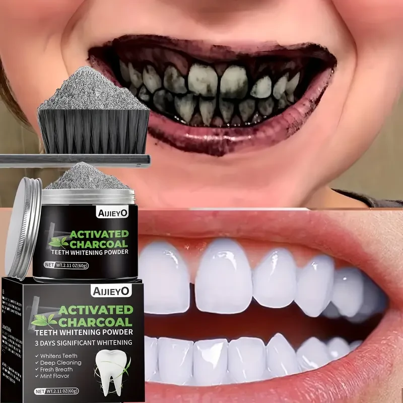 AIJIEYO Activated Charcoal Teeth Whitening Powder - Deep Cleaning, Plaque Cleaner, Mint Flavor