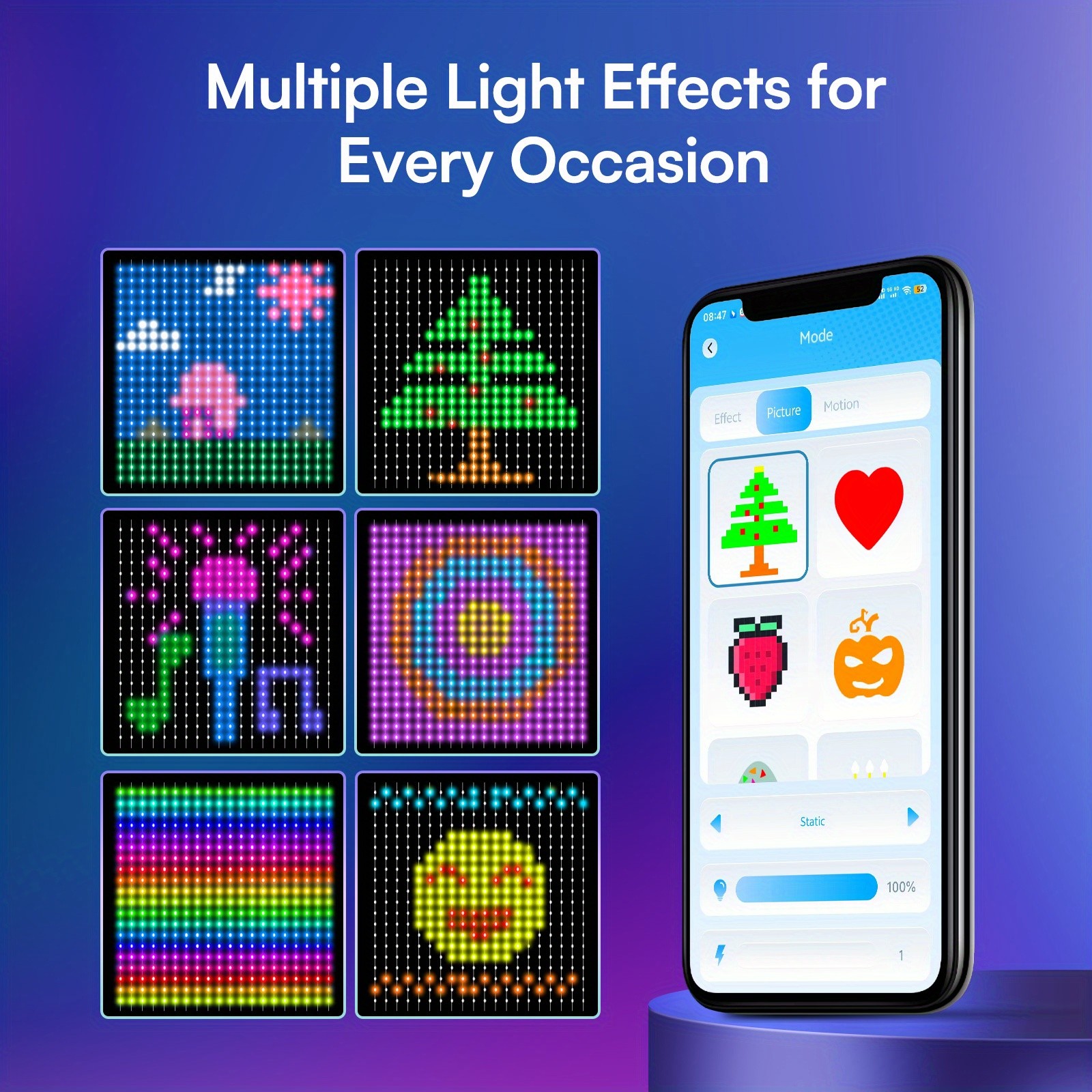 6.6x6.6ft Smart Window Light  RGB-IC Dynamic LED Curtain String Light for Indoor and Outdoor Use, Perfect for Halloween, Christmas, and Valentines Day