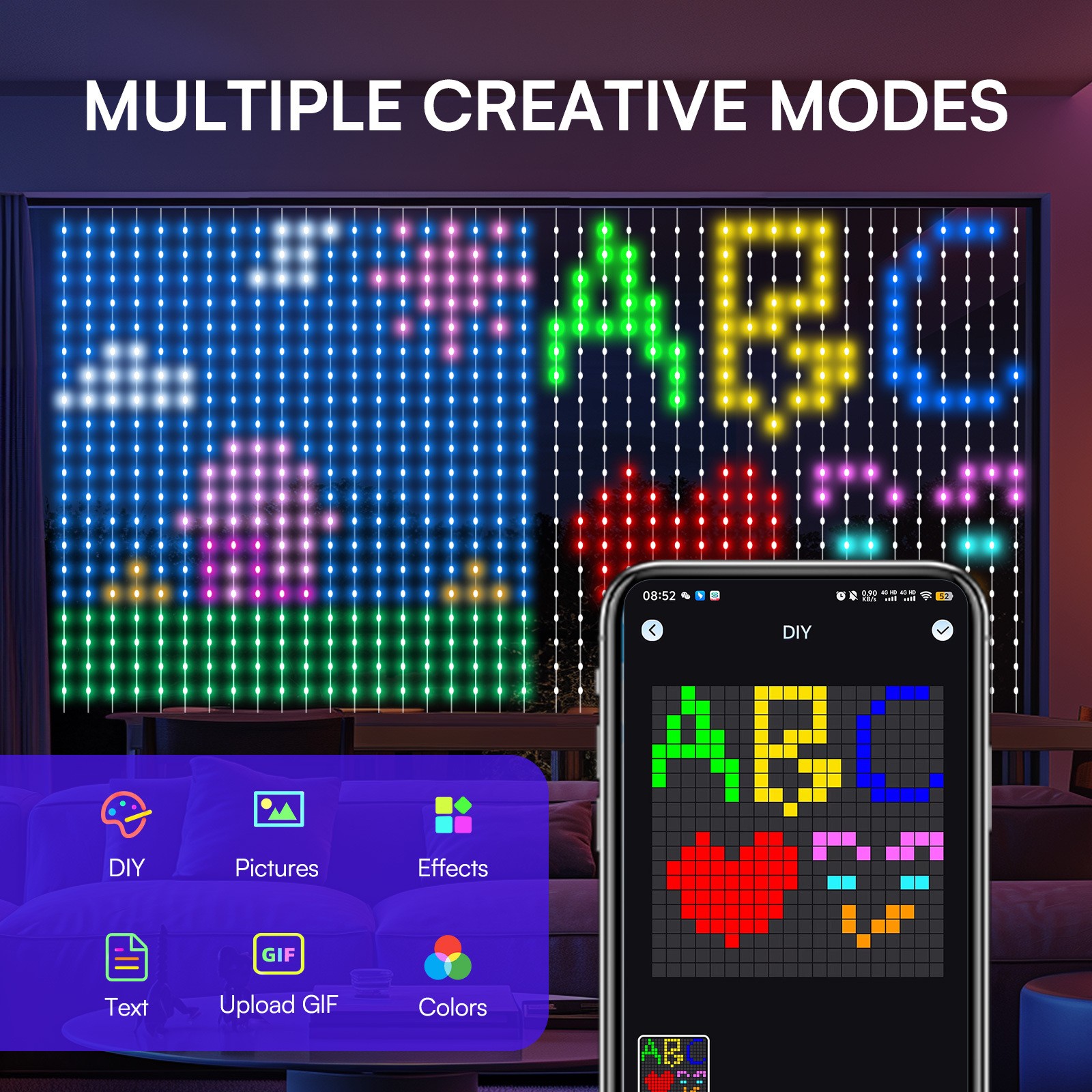 6.6x6.6ft Smart Window Light  RGB-IC Dynamic LED Curtain String Light for Indoor and Outdoor Use, Perfect for Halloween, Christmas, and Valentines Day