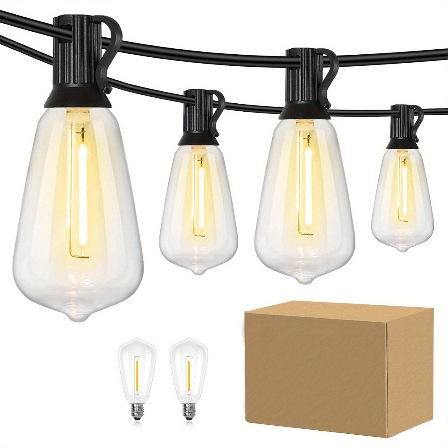 50FT Outdoor String Lights  LED Garden String Lights with Shatterproof ST38 Solar Retro Bulbs, Waterproof, Exterior Pendant Lights for Porch, Backyard, Cafe, Balcony, Bistro