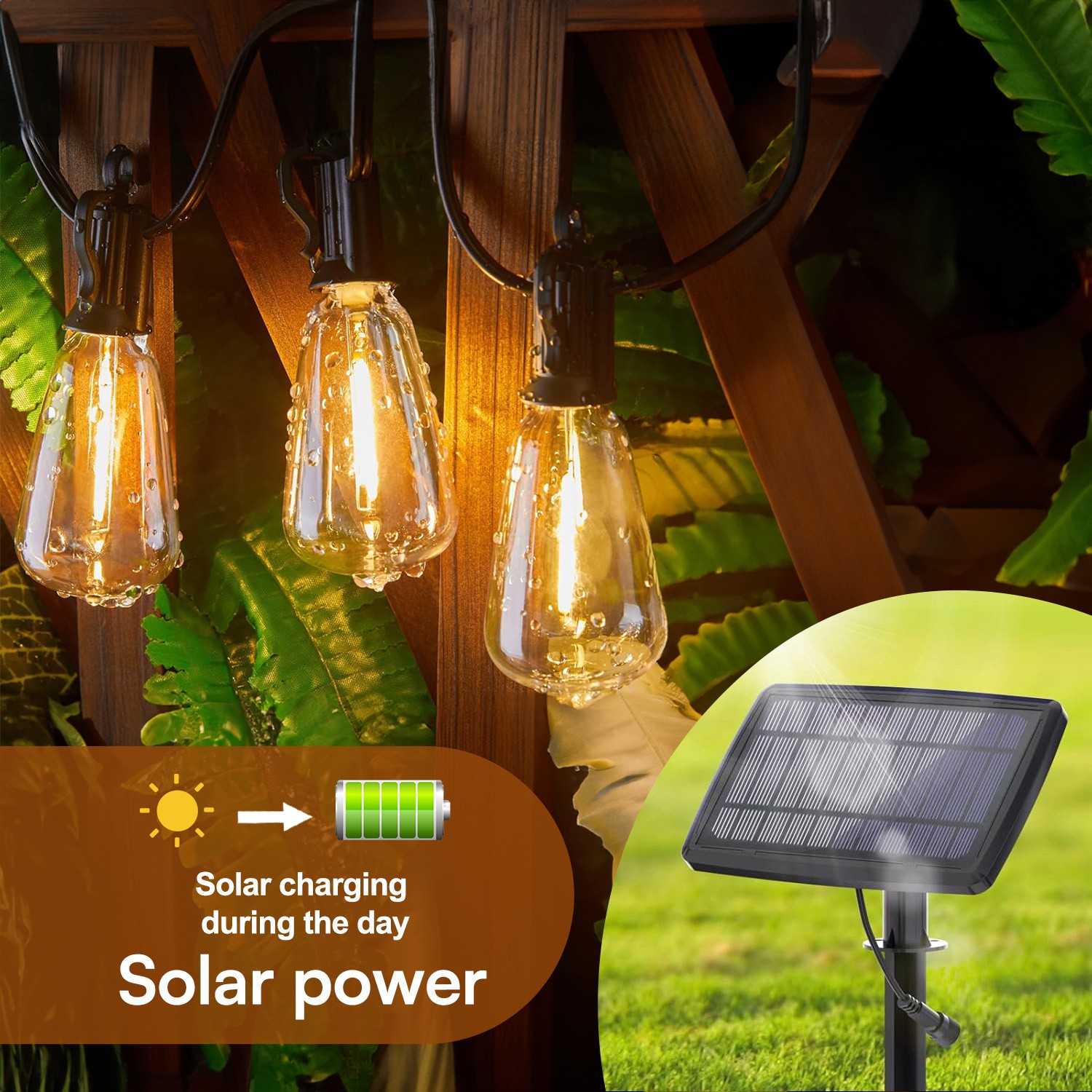 50FT Outdoor String Lights  LED Garden String Lights with Shatterproof ST38 Solar Retro Bulbs, Waterproof, Exterior Pendant Lights for Porch, Backyard, Cafe, Balcony, Bistro