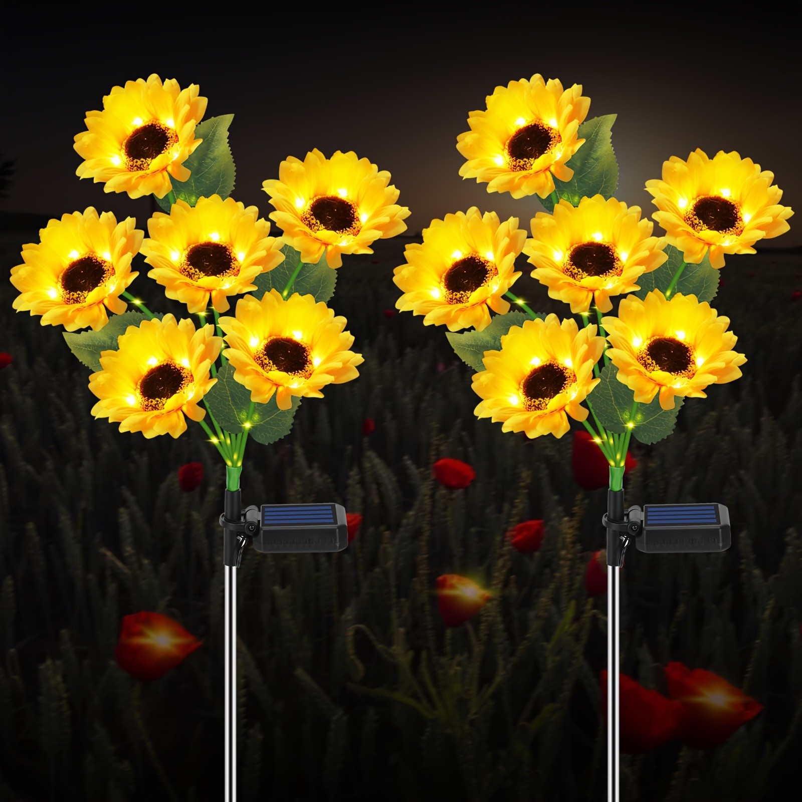 Solar-Powered Sunflower Garden Stakes  2 Packs of 6 LED Sunflower Lights for Outdoor Decorations