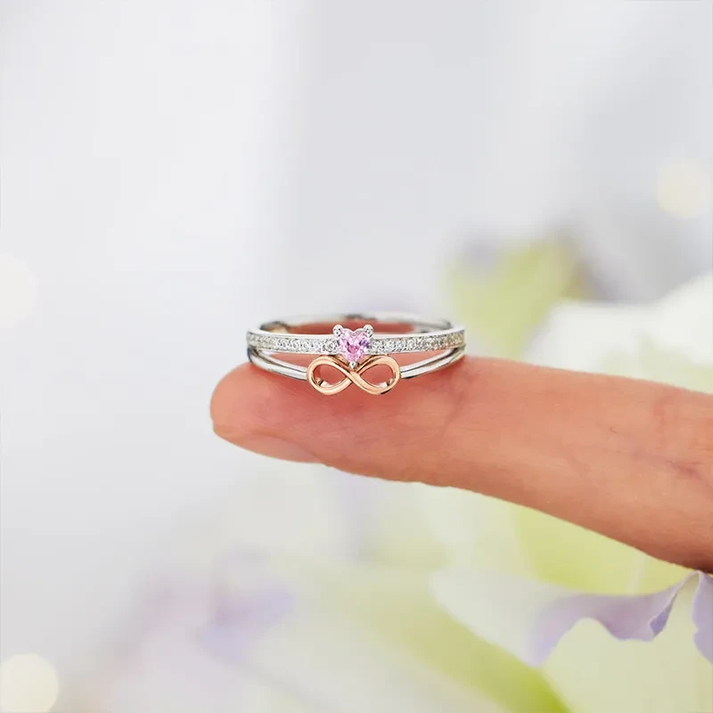 Sterling Silver Infinity Love Heart-Shaped Ring with Lucky 8-Label for Women