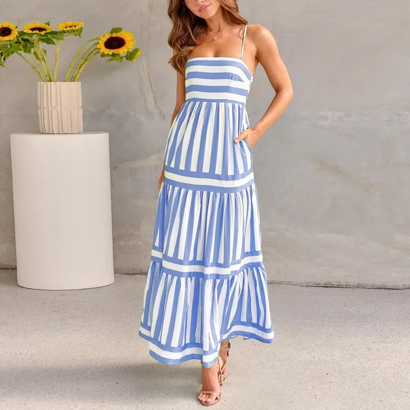 Summer Striped Printed Suspender Long Dress With Pockets Beach Vacation Women Clothing