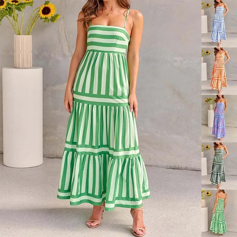 Summer Striped Printed Suspender Long Dress With Pockets Beach Vacation Women Clothing