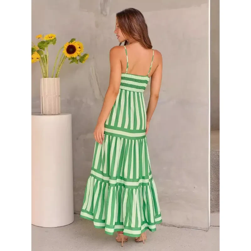 Summer Striped Printed Suspender Long Dress With Pockets Beach Vacation Women Clothing