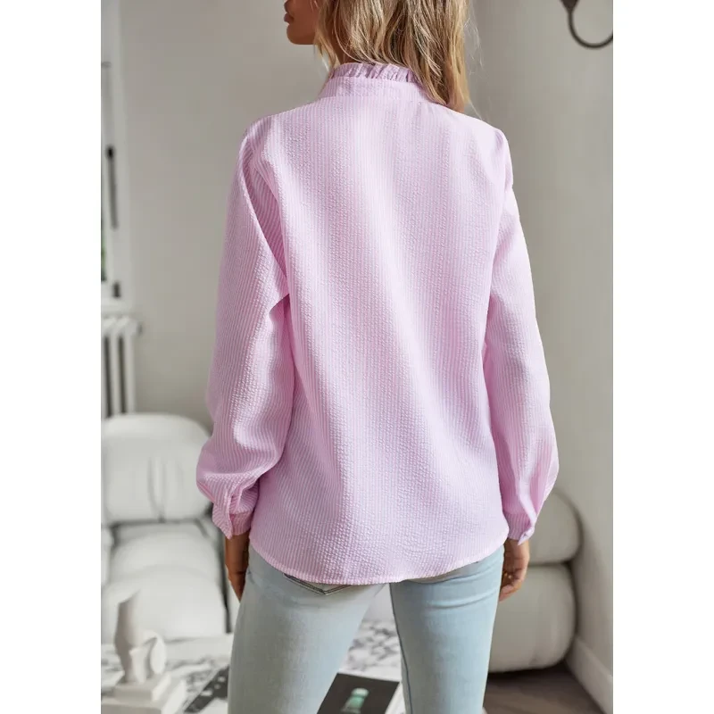Striped Long Sleeve Shirt Fashion Ruffle Design Button Up Tops Casual Office Blouse Elegant Commuting