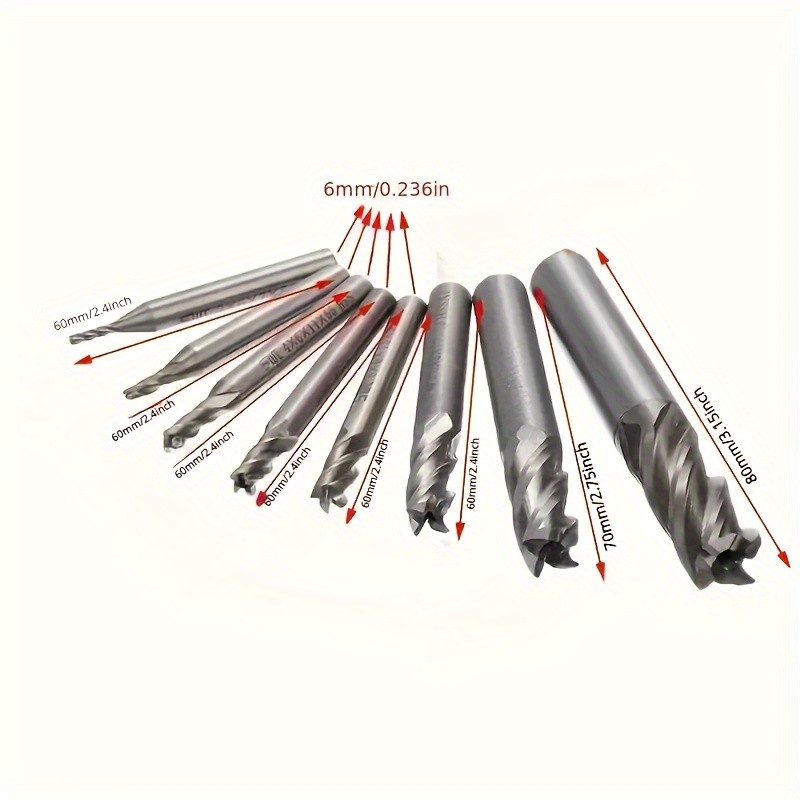 8pcs HSS Straight End Mill Set 4 Flutes, 1/16" to 1/2" Precise Milling Cutter Bits For Metal, Wood Plastic Durable Versatile
