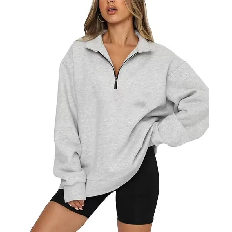 Women Sweatshirts Zip Turndown Collar Loose Casual Tops Clothes