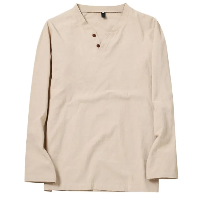 Cotton Linen Men's Long Sleeve V-neck Casual Beach Shirt