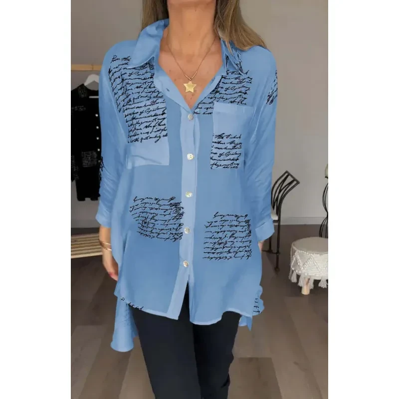 Letter Print Long Sleeve Shirt Fashion Commuter Style Lapel Shirt Women's Clothing