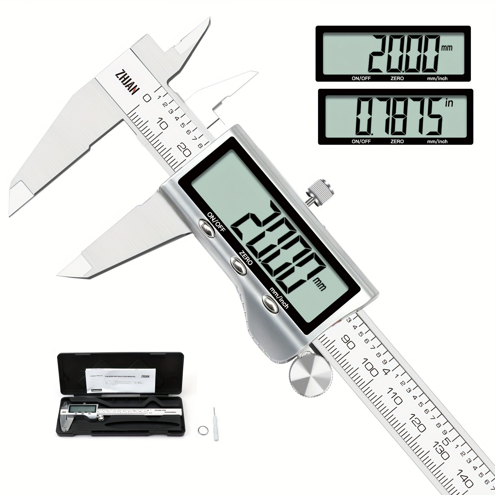 Stainless Steel Digital Caliper with Large LCD Screen and Automatic Closing Function - Measures in Inches and Millimeters (6 Inches /150 Mm) - Accurate and Easy to Use