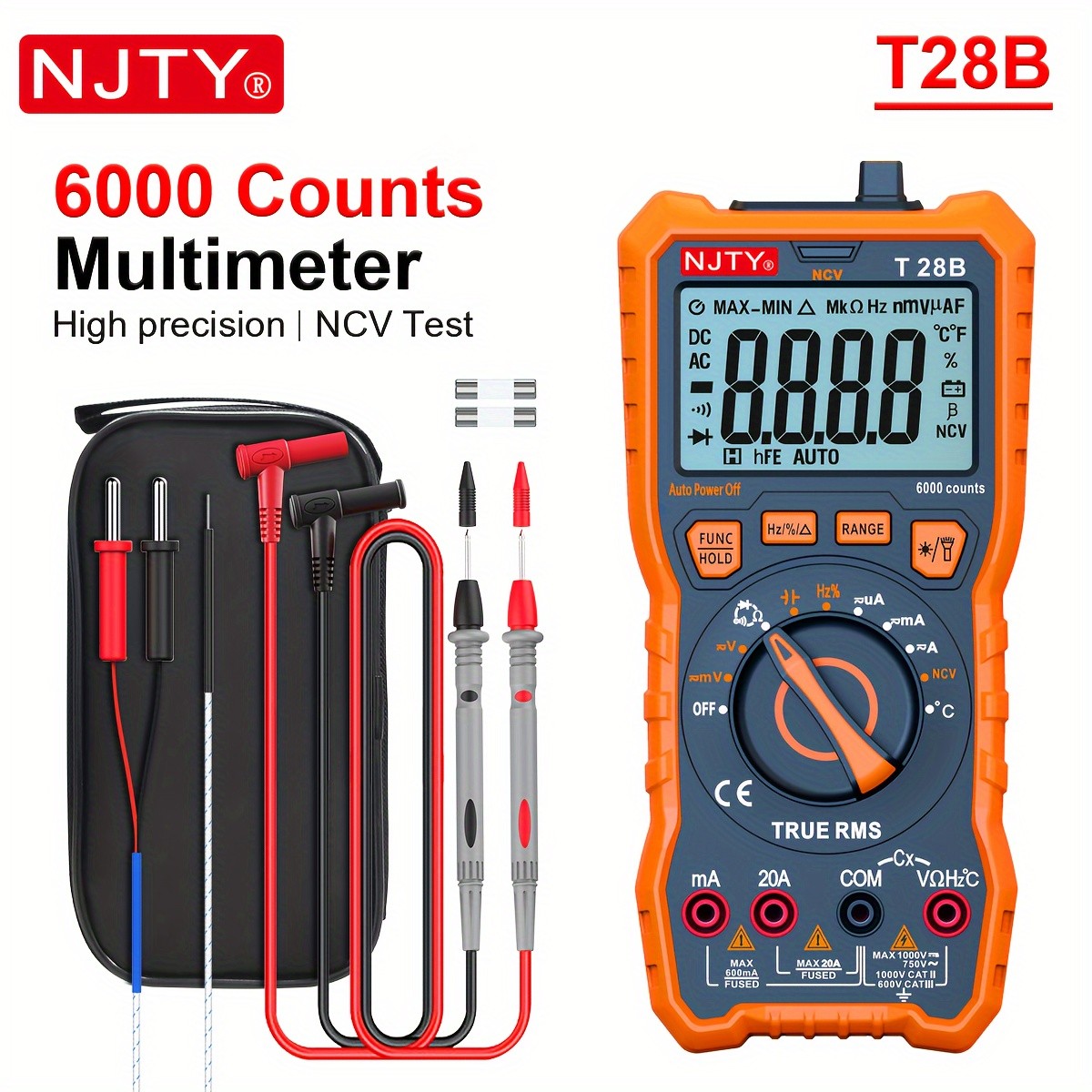 TRMS Digital Multimeter - Measures Voltage, Current, Resistance, Diodes, Continuity, Duty-Cycle, Capacitance, and Temperature - Ideal for Automotive Use