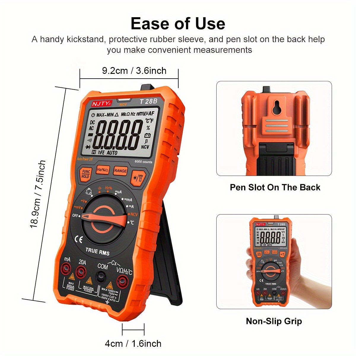 TRMS Digital Multimeter - Measures Voltage, Current, Resistance, Diodes, Continuity, Duty-Cycle, Capacitance, and Temperature - Ideal for Automotive Use
