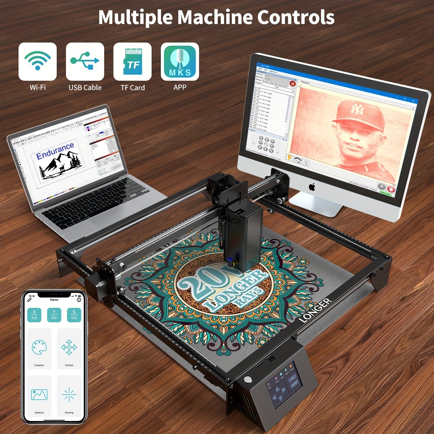 Longer RAY5 Laser Engraver  20000mW Output Power, 3.5" Touch Screen, APP Offline Control, DIY Engraver Tool for Metal, Glass, Wood, Engraving Area 15.75"x14.37"