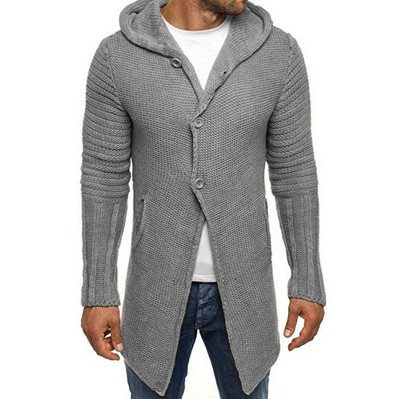 Men's hooded long sleeve mid length knit cardigan